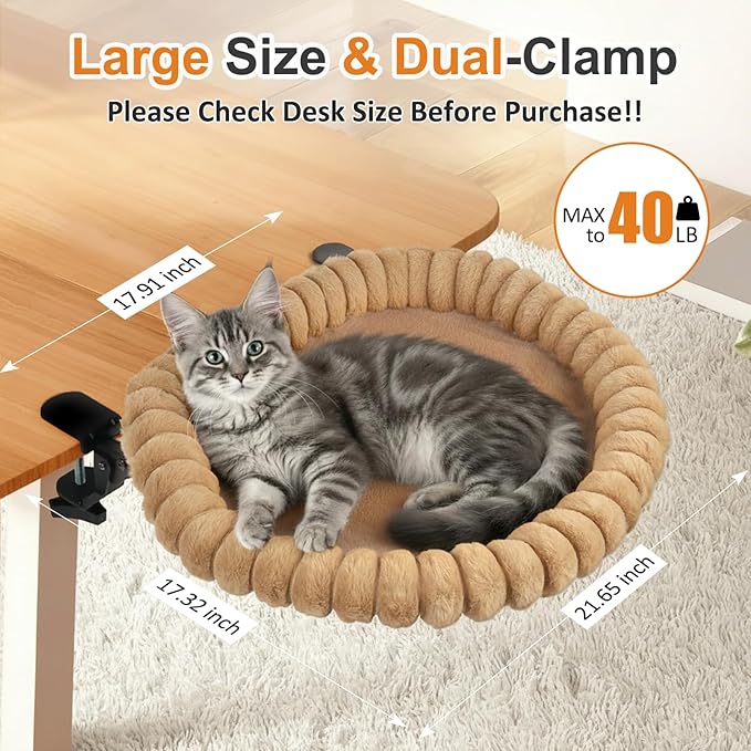 Pawow Large Cat Desk Bed, 90° Foldable Space-Saving & Sturdy Dual-Clamp, 2 Washable Covers(Faux Fur & Mesh), Metal Frame, Supports up to 40 Lbs, Pet Perch Desktop Hammock for Small to Large Cats