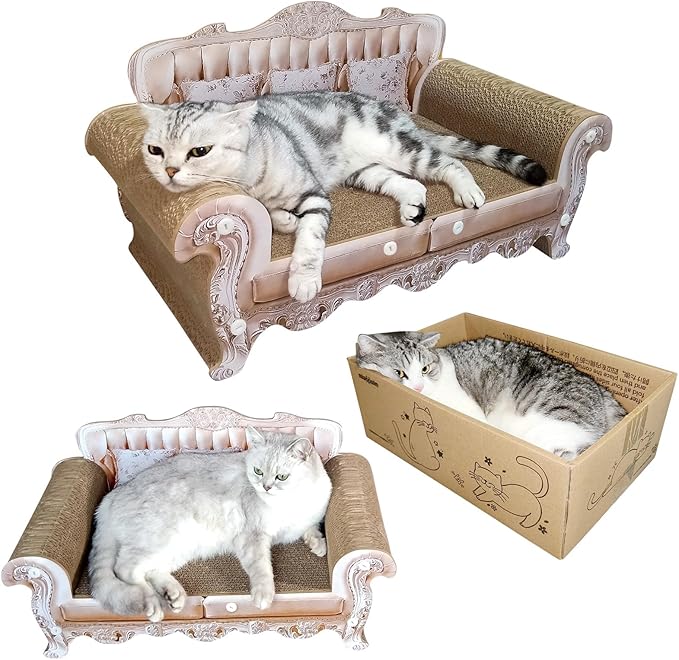 miwoowim Cat Scratcher Bed, 23 Inch Kitty Couch and 17.3 Inch Scratch Box with Pad, Modern Large Kitten Lounger for Indoor Cats,Unique Cute Corrugated Cardboard Cat Sofa Scratcher,