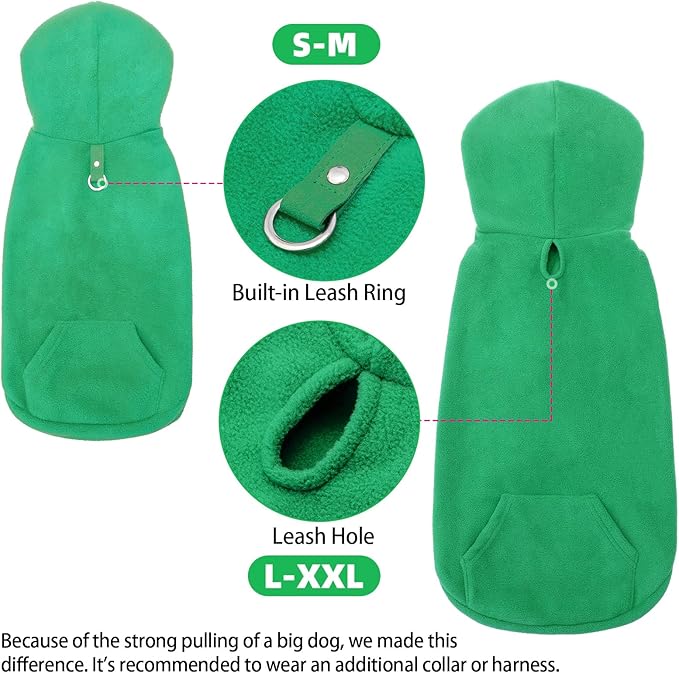 EXPAWLORER Dog Hoodie Fleece Sweater Vest, Hooded Dog Sweatshirt Fall Winter Pet Clothes with Leash Hole, Sleeveless Warm Cozy Puppy Clothing for Cat Small Medium Large Dogs Girl Boy, Green L