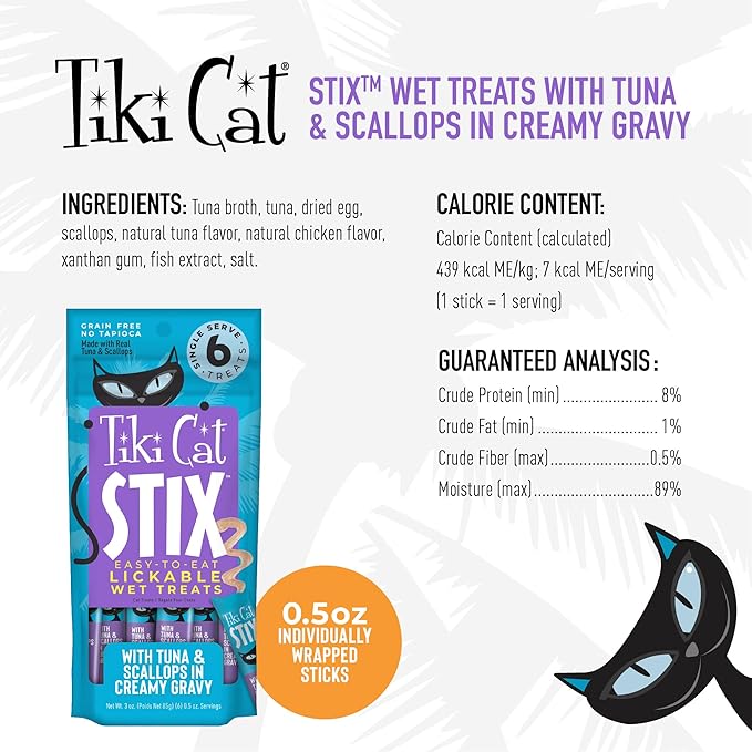 Tiki Cat Stix Wet Mousse Cat Treats, 3 oz. Pouch of Single Serve Lickable Treats, Tuna & Scallops in Creamy Gravy, (12 Pack of 72 Tubes)