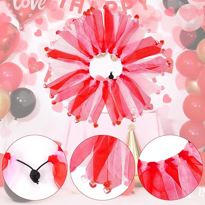 2 Pcs Valentines Day Pet Costumes - Small Dog & Cat Valentines Outfit (Collar and Headband), Red and Pink Themed Apparel for Small Pets