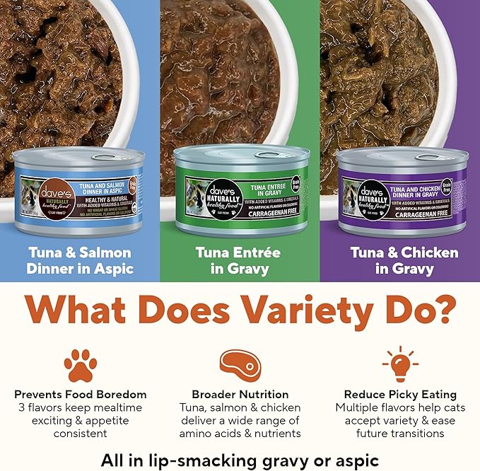 Dave's Pet Food Naturally Healthy Tuna Pate in Gravy Variety Pack Grain-Free Wet Cat Food, 3-oz can, Case of 12