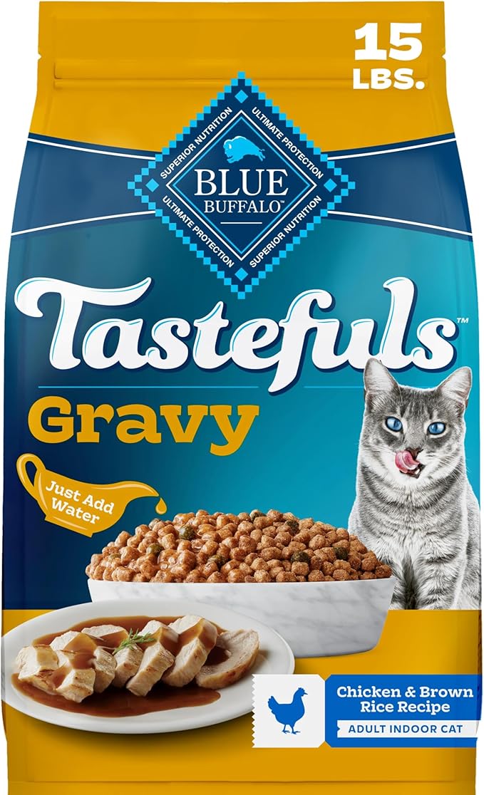 Blue Buffalo Tastefuls Irresistible Gravy Experience Chicken & Brown Rice Recipe Dry Indoor Cat Food for Adult Cats, Deliciously Healthy Natural Cat Food, Supports Digestion & Coat Health, 15 lbs.