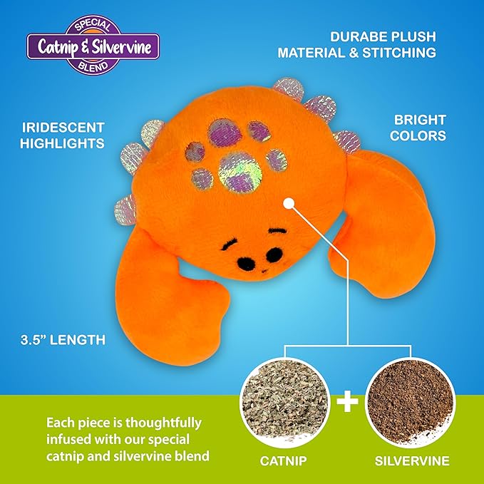 Pounce & Purr® Plush Cat Toys, Catnip & Silvervine Infused, Shiny Iridescent Accents, Interactive Play Toys for Cats & Kittens (Crab)