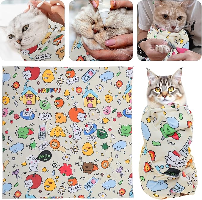 Cat Wrap, Soft and Comfortable Cat Wrap for Cutting Nails, Multifunctional Grooming Wrap for Stress-Free Nail Trimming, Yellow L-27.6inch (Within 11lbs)