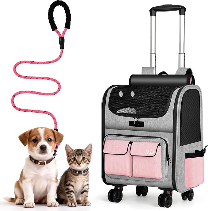 MGB Large Pet Carrier, Foldable Rolling Dog Carrier with Removable Wheels, Cat Rolling Bag 21.3"x15"x12.2" for 2 Cats & 1 Dog for Travel, Outdoor, Vet Visits, Camping, Indoor. Pink. (Not for Airline)