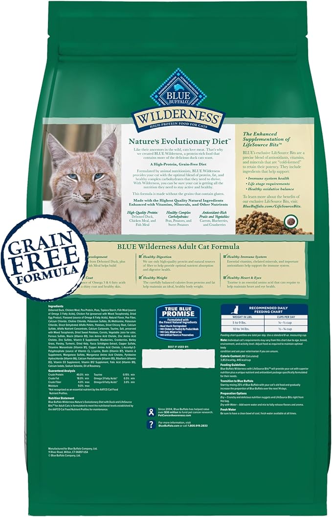 Blue Buffalo Wilderness Nature's Evolutionary Diet High-Protein, Grain-Free Natural Dry Food for Adult Cats, Duck, 5-lb. Bag