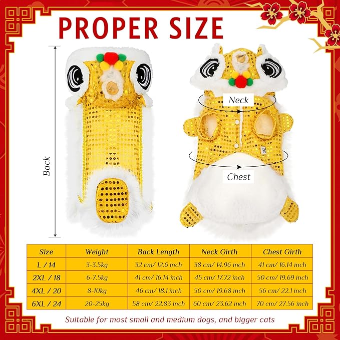 LEIFIDE Lion Dance Dog Costume Chinese New Year Pet Costume with Sequins Chinese Lion Dance Cloth Dog Clothes Hoodies Coat for pet New Year Spring Festival Dress up(Large,Gold)