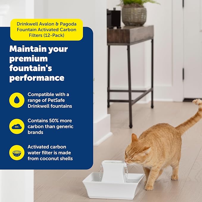 PetSafe Drinkwell Replacement Carbon Filters - Compatible with Drinkwell 1/2 Gallon, 1 Gallon, 2 Gallon, Avalon, Pagoda, Sedona and Seascape Fountains, 12-Pack