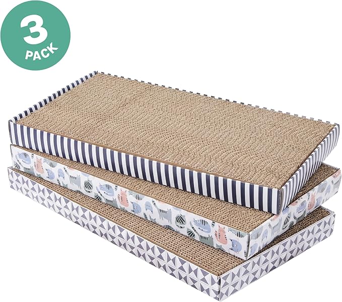 Kitty City 3-Pack XL Double Sided Corrugate Cat Scratcher Pads with Catnip - X-Large Horizontal Cat Scratcher Mats, Reversible Corrugate Nail File Scratchers - Stripes & Cats Design, 18” x 10” Each