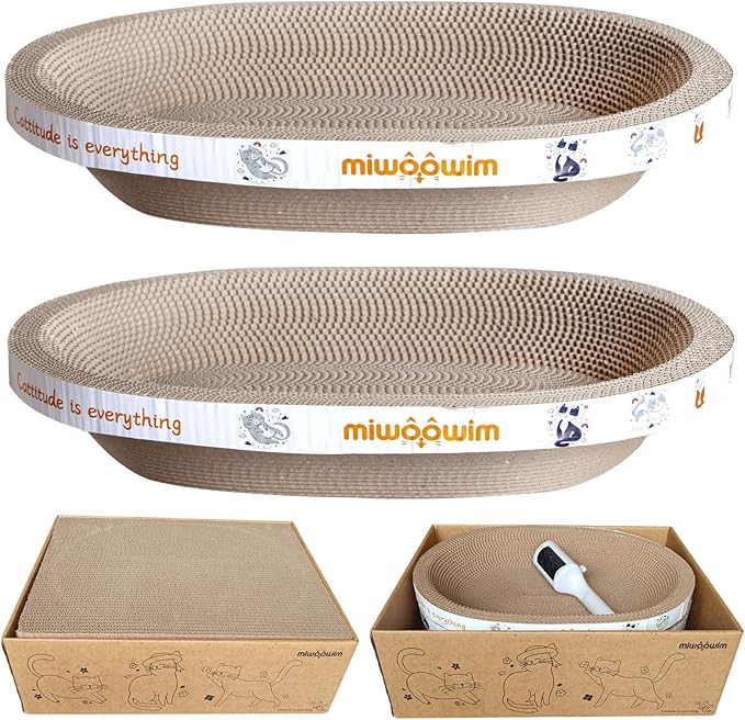 Miwoowim 3PCS 2 Cat Scratcher Bowl +1 Corrugated Scratch Pad with Box,Oval Shape Cat Scratcher Cardboard Bed, Scratching Lounge Bed, Cute Round Scratcher for Indoor Cats