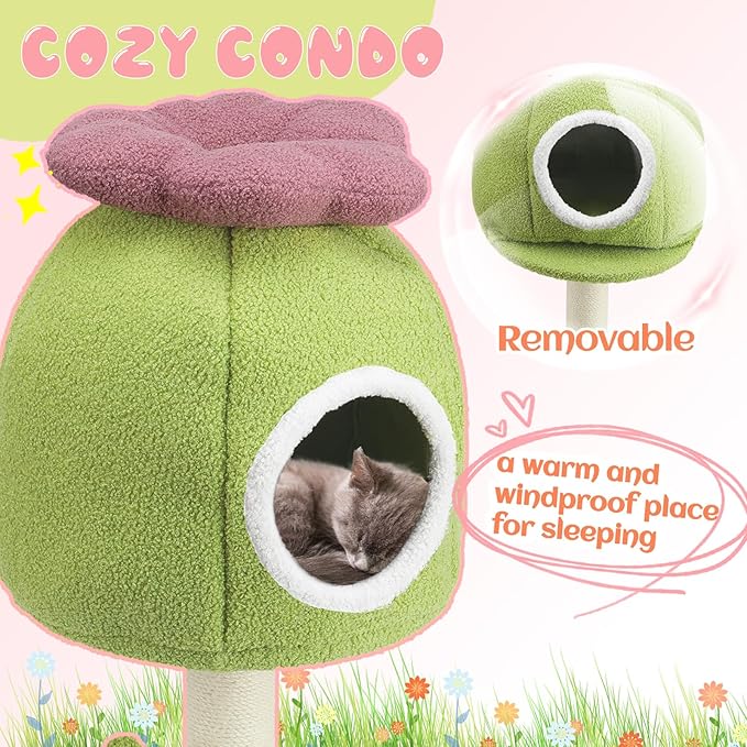 EMUST Flower Cat Tree with Bed, 28.74inch Tall Cat Tower with Scratching Post & Cozy Condo, Cute Sisal Cat Scratcher with Plush Hang Spring Ball Toys, Removable Cat Bed for Indoor Adults Cats, Green