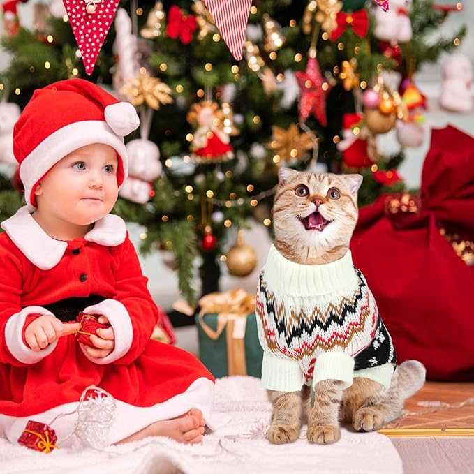 BWOGUE 2 Packs Cat Christmas Sweater, Knitwear Puppy Christmas Sweater with Reindeer Snowflake, Turtleneck Pet Kitten Christmas Sweaters for Cats Kitty Puppy Small Dogs（M）