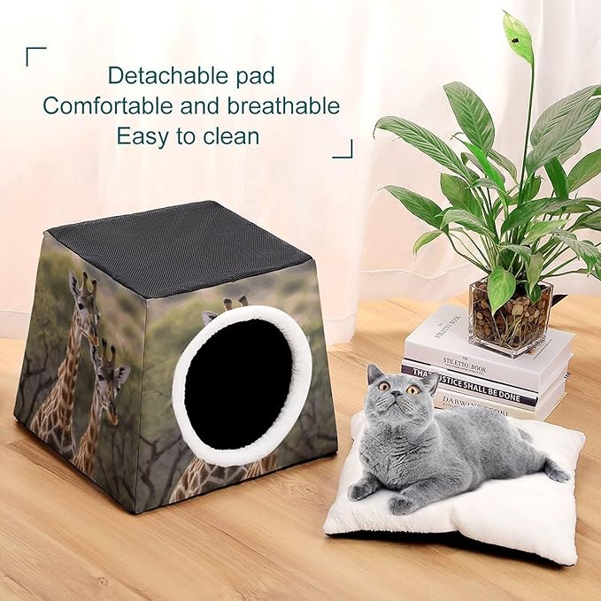 Cat Cave Cat Beds for Indoor Cats Two Giraffes Foldable Cat Hideaway with Washable Cushion and Non-Slip Base