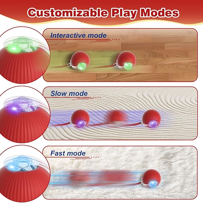 Interactive Dog Cat Toys Balls 360° Smart Automatic Rolling Interactive Rolling Ball Cat Toy Pet Ball Fast Moving Toy for Dog and Cat(Red)