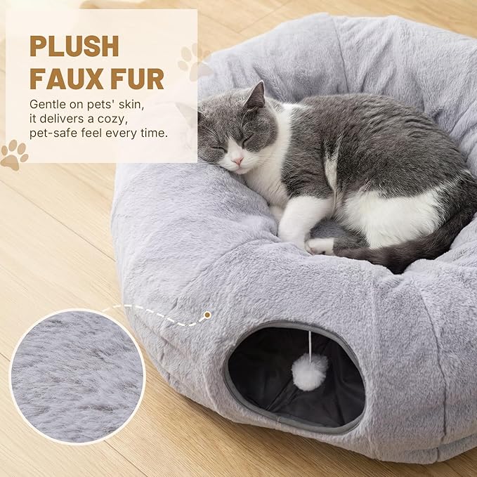 Cat Tunnel Bed for Indoor Cats, 31.5in Round Cat Tunnel for Small Cats, Cat Donut Tunnel with Washable Plush Mat, Collapsible Tunnel Hideplace for Kittens, Squirrels Grey