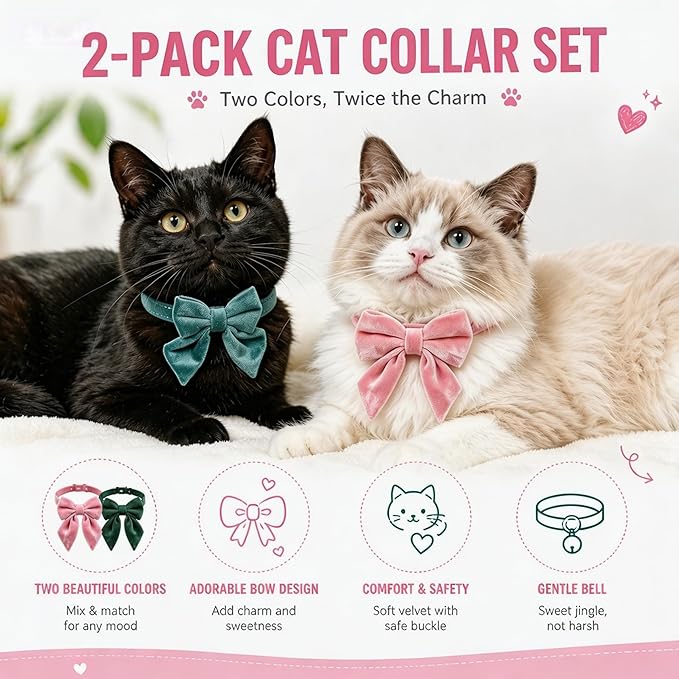 2 Pack Velvet Cat Collar with Bow Tie & Bell – Soft Adjustable Kitten Collar with Breakaway Safety Buckle, Cute Bowknot Collars for Cats & Puppies