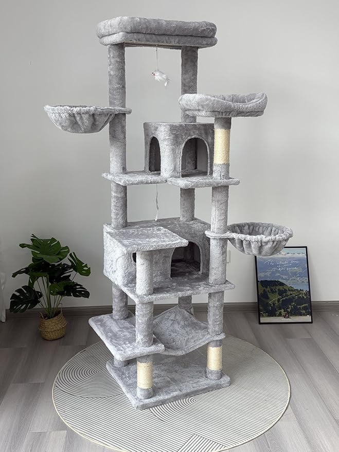 68" Grey Cute Cat Tree for Indoor Cats Large Adult, Tall Cat Tower with Scratching Post & Condo, Hammock, Aesthetic Cats Stand, Modern, Easy Assembly (Light Grey, 68" Tall)