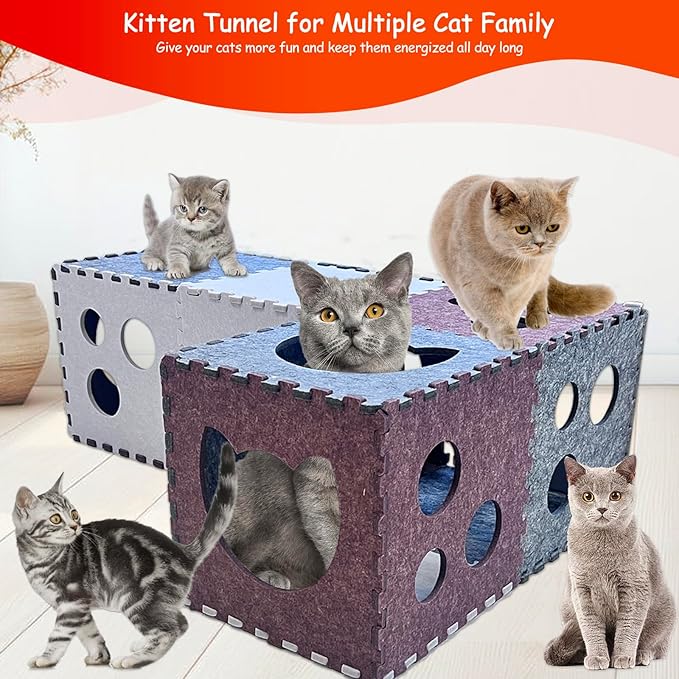 18 PCS Cat Tunnel, DIY Transformable Peekaboo Cat Cave, Scratch-Resistant Felt Cat Tunnel, Felt Cat Hideaway Cave with Interactive Peek Holes