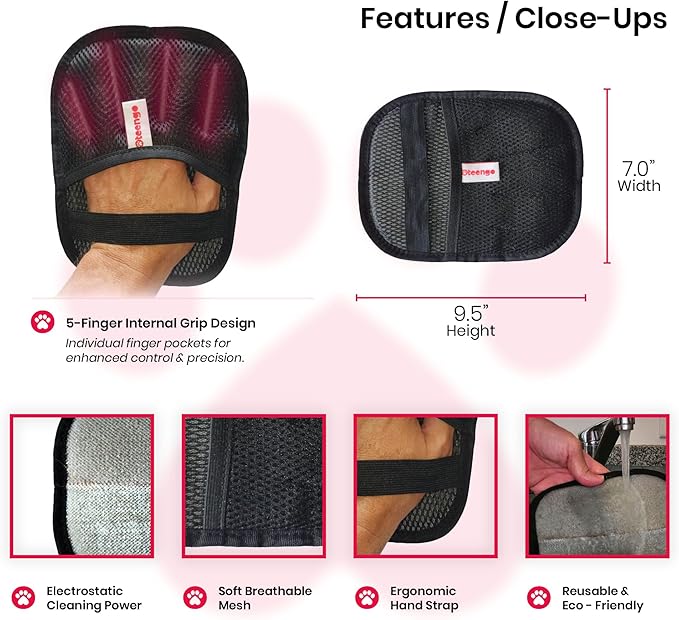 Upgraded Electrostatic Pet Hair Removal Glove for Cats & Dogs – 5-Finger Cat Hair Remover - Reusable Magic Brush Pet Hair Remover Tool for Laundry, Furniture, Carpet, Bedding & Car Seats