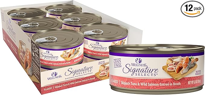 Wellness CORE Signature Selects Flaked Adult Canned Wet Cat Food, Natural, Protein Rich, Grain Free, Skipjack Tuna and Wild Salmon Entrée Recipe, 5.3 oz, Pack of 12 Cans