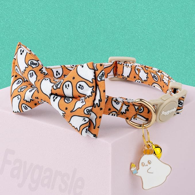 Faygarsle 2 Pack Halloween Cat Collar with Bowtie and Bell, Breakaway Safety Buckle, Ghost Pattern, Orange and Light Purple