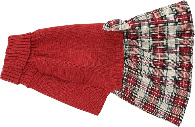 Lanyarco Burgundy Red Knitted Dog Sweater Dress, Plaid Girl Dog Clothes Winter for Small Dogs, Terrier Doggy Pet Apparel, Red, Medium (M)