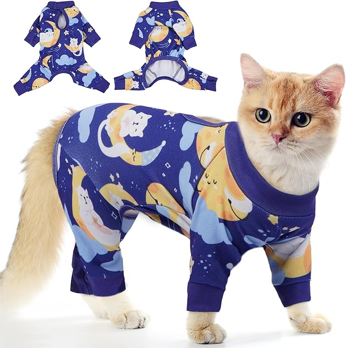 PUMYPOREITY Cat Recovery Suit, Stops Wound Licking After Surgery, Sticky Hair Shirt with Sticky Fabric, Cat Pajamas Prevents Over-Grooming, Kitten Onesie - Soft & Machine Washable, Blue, S
