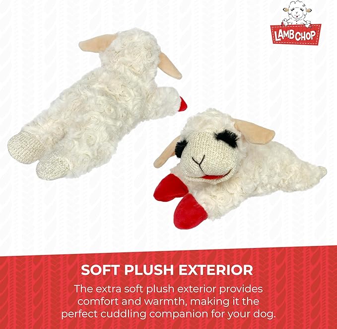 Multipet Lamb Chop Dog Plush Toy - Squeaky Toy for Small & Medium Dogs - Extra Soft Plush - Stuffed Animal for Cuddling & Playing 10" Cream, 5 Squeakers (Pack of 3)