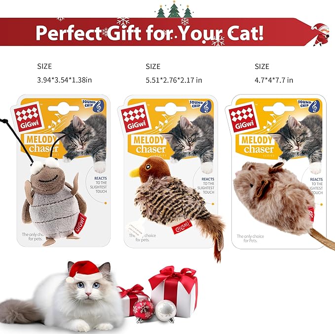 PETGEEK Gigwi Simulated Chirping Bird Cat Toy, Fake Interactive Cat Toys for Indoor Cats, Feather Toy with Hanging Loop for Bored Indoor Adult Kittens Interactive Play (Bird Mouse Cricket)