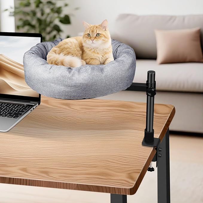 Cat Hammock Bed for Desk Edge, Rotating & Height Adjustable Pet Lounge with Thick Soft Cushion, Space Saving Desk Mounted Resting Perch for Cats & Small Pets Up to 45 lbs, Grey