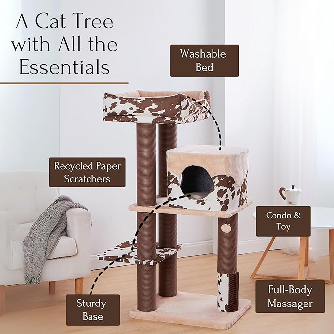 PetPals Large Cat Tree 50” Tall for Grand Maine Coon, with Large Condo, Removeable Top Bed, Extra Durable & Sturdy Large Cat Tower, Cowboy Style (Brown)
