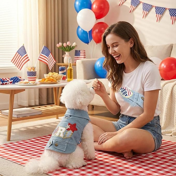 4th of July Dog Denim Vest, Patriotic Dog Outfit with American Flag Patch, Puppy Jacket with D-Ring, Lightweight Clothes for Small Dogs(XS)