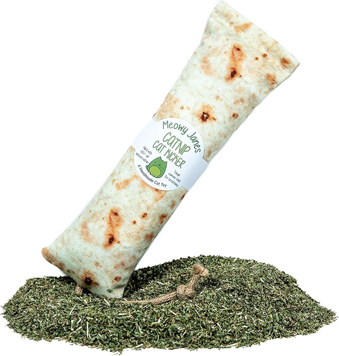 Meowy Janes Tough Canvas Cat Kicker Toy, Stuffed with 100% Catnip (1/4 LB), Original, Super Potent Canadian Catnip! | All Natural Large Size 10" Kitty Kicker (Burrito)