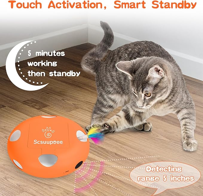 2-in-1 Rechargeable Interactive Cat Toy, Smart Sensor Pop-Up Feather Toy with 7 Holes, USB Powered Automatic Kitten Toy for Indoor Cats, Orange