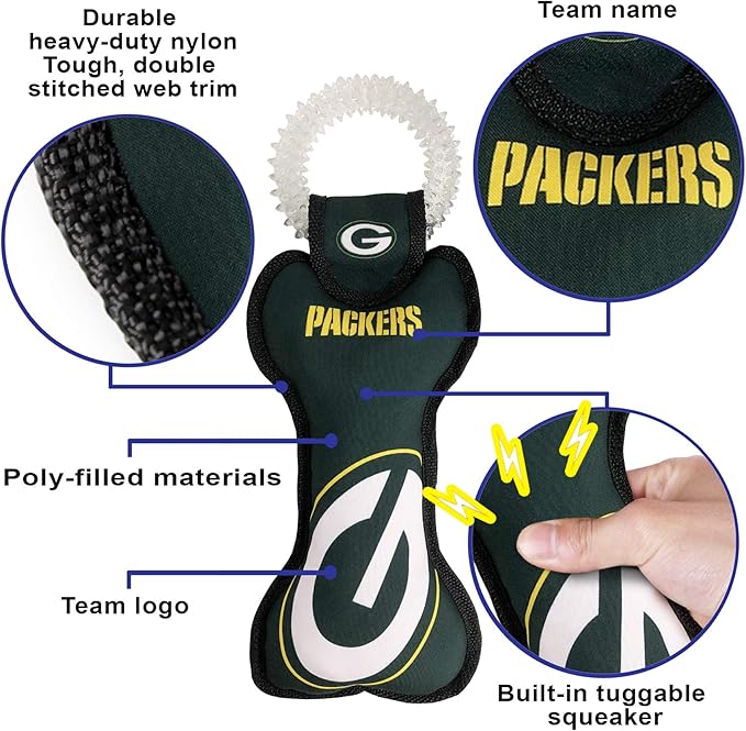 Pets First NFL Green Bay Packers Dental Dog TUG Toy with Squeaker. Tough PET Toy for Healthy Fun, Teething & Cleaning Pet's Teeth & Gum. (GBP-3310)