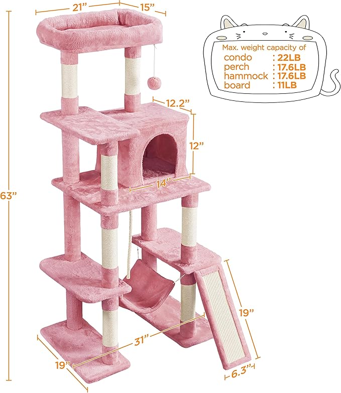 Topeakmart 63in Cat Tree, Large Cat Tower Furniture w/Cat Condo, Padded Platform & Sisal-Covered Scratching Post, Stable Cat Tower Pet Play House, Pink