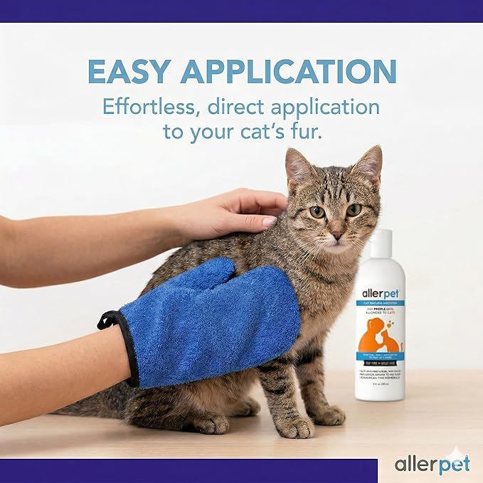 Allerpet Cat Dander Remover w/Free Applicator Mitt & Sprayer - Effective Cat Dander Reduction - Anti Allergen Solution Made in USA - 2 Pack (12oz)