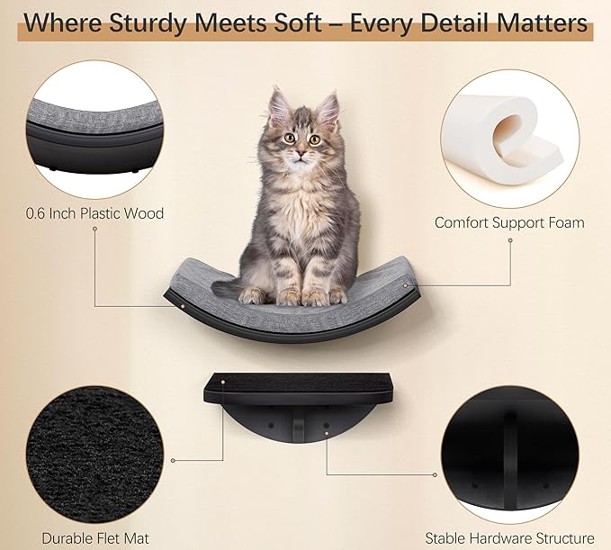 Curved Cat Wall Hammock Bed with Grey Foam Cushion – Floating Cat Wall Shelf Nest for Climbing, Sleeping & Lounging