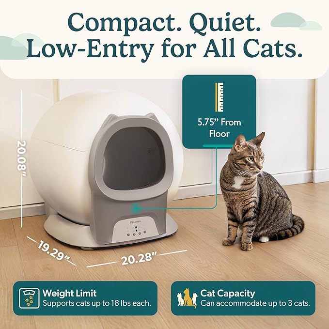 Petcove Automatic Self Cleaning Litter Box for Multiple Cats - PurrTek with Smart App (5GHz Wi-Fi), Triple Odor Control, Quiet Operation & Advanced Safety Sensors