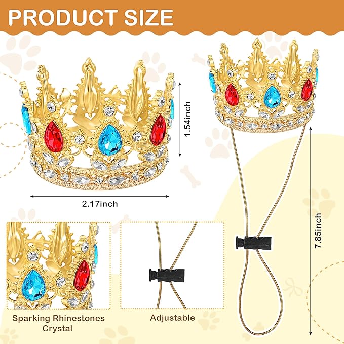 Abbylike Pet Princess Crown for Dog Cat Pink Halloween Costume with Adjustable Strap Gold Glitter Rhinestone King Crown Hat for Pet Birthday Party Adoption Celebration Photos Prop Cosplay Accessory(S)