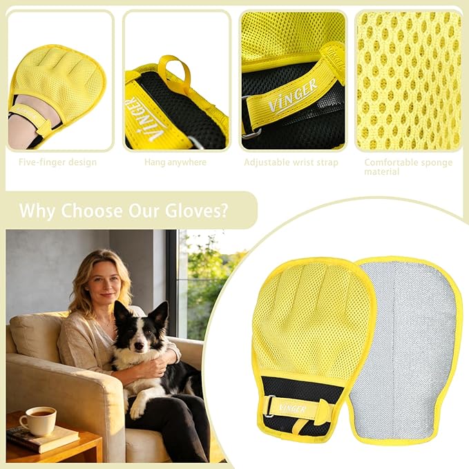 VINGER Pet Hair Removal Glove for Cats & Dogs, Electrostatic Pet Hair Gloves with Adjustable Wristband, Five-Finger Magic Brush Remover Tool for Laundry, Carpet, Couch, Car Seats & Clothing (Yellow)