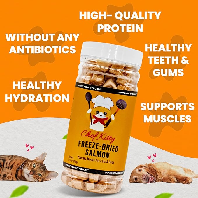 Freeze Dried Salmon Cat Treats | 100% Wild Caught Salmon Dog Treats, Grain- Free | High Protein, Single Ingredient Cat & Dog Food Toppers | No Additives or Preservatives | Tested in USA | 1.4 oz
