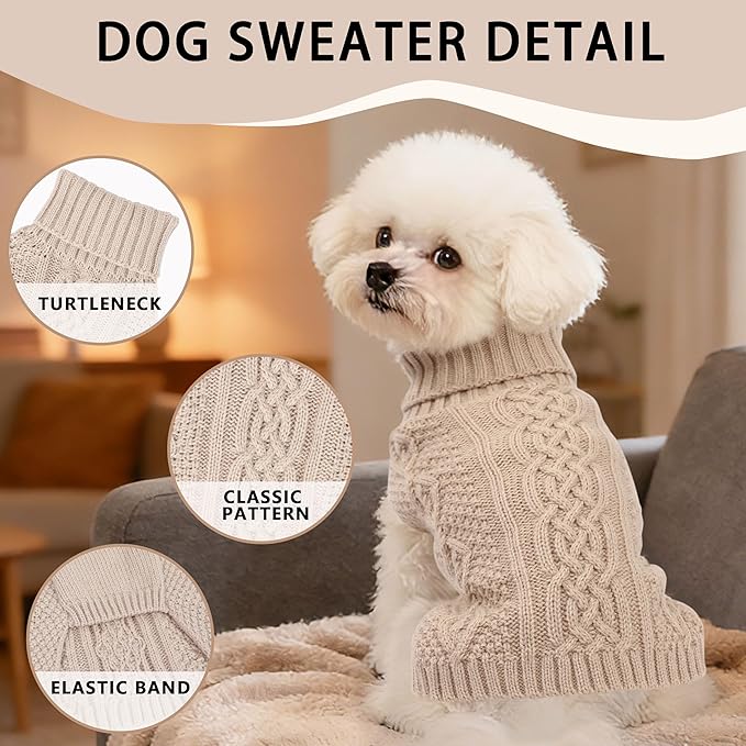Knitted Dog Sweaters for Small Dogs Warm Small Dog Clothes Winter Sleeveless Puppy Sweater Turtleneck Dachshund Clothes with Twisted Design Doggy Pullover Knitwear Pet Cat Outfit (Beige, Medium)