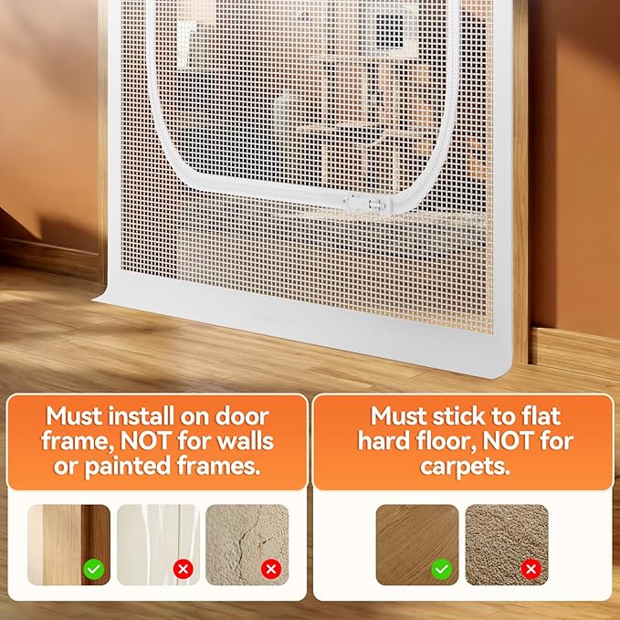 BFNN Cat Screen Door, Extra Tall Cat-Proof Mesh Gate, Fit Door Size 32'' x 80'', Anti Scratch Mesh with Zipper Closure, for Living Room, Kitchen, Bedroom (White, U-Shaped)