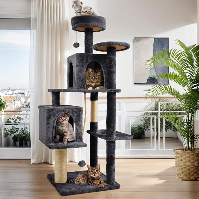 58 Inch Cat Tree Cat Tower for Indoor Cats Tall Cat Condos Scratching Post with Hanging Toy Furniture for Kitten Pets Play, Grey Black