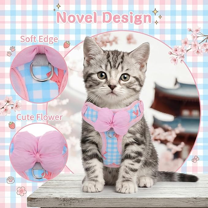 Cat Harness and Leash Set for Walking Escape Proof Adjustable Kitten Harness Soft Comfortable Vest with Bow for Kitty Bunny Walking Traveling Easy to Wear Small Pink