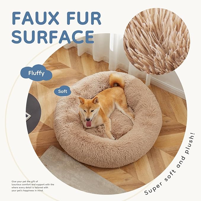 DUMOS Calming Donut Dog Beds for Large Dogs, 37.4x37.4 in Machine Washable Cuddler Warming Cozy Fluffy Faux Fur Plush Round Pet Bed, Anti-Slip Bed for Indoor Dogs and Cats, Brown