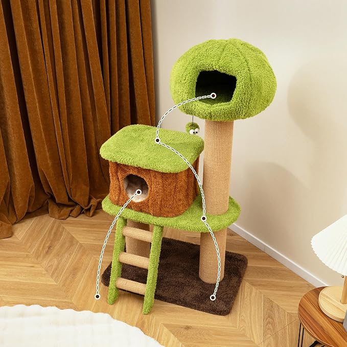 PETSITE 56-inch Forest-Themed Cat Tree, Multi-Level Cat Tower with 2 Cute Condos, Climbing Ladder, Teasing Ball, Sisal Posts, and Removable Cushion, Modern Cute Cat Tree for Indoor Cats
