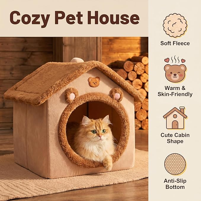 Cat Bed Cave, Cute Bear Shape Cat Beds for Indoor Cats, Pet House Cats Tent with Removable Cushion Pillow for Kittens Puppy Small Dogs (Brown-L, 20.4 * 16.9 * 19.6in)